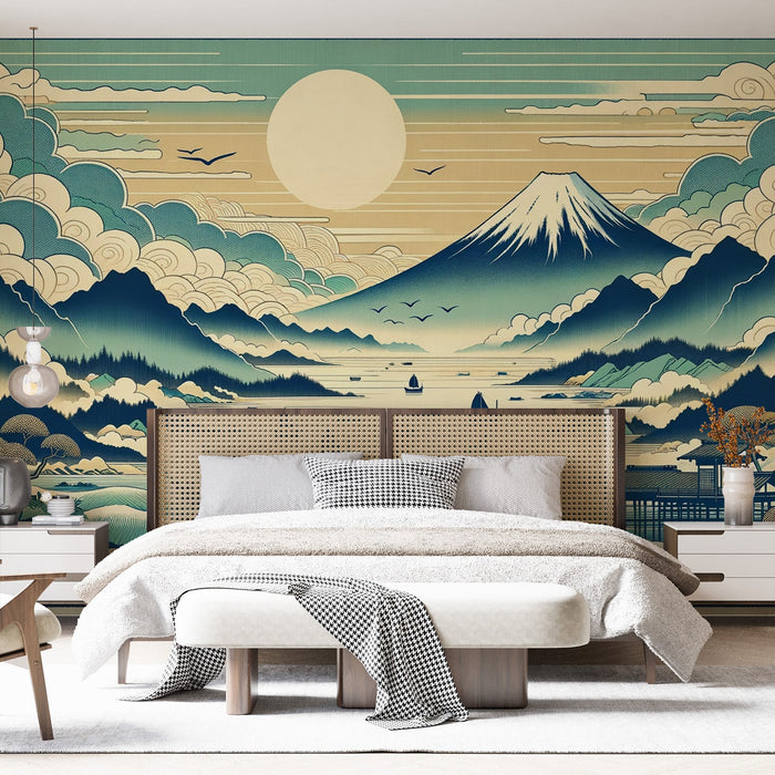 Japanese Mural Wallpaper | Mount Fuji, Japanese White Clouds, and Boats