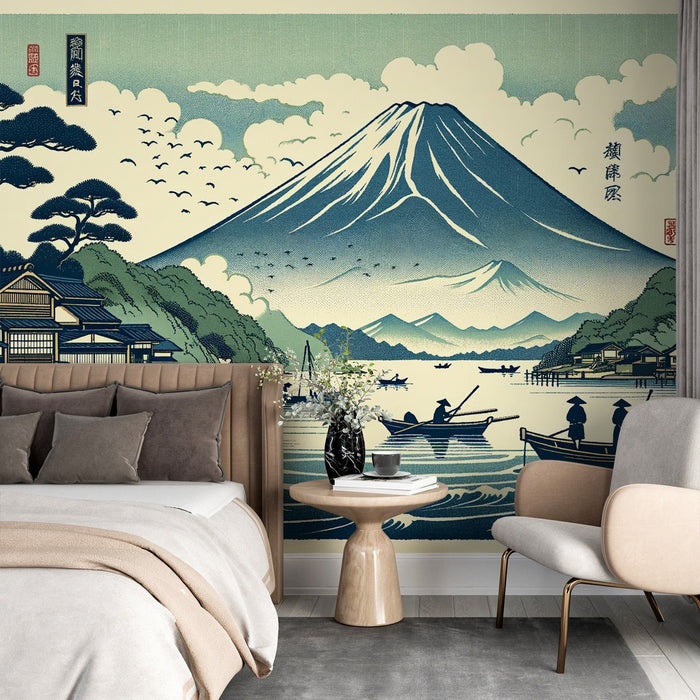 Japanese Mural Wallpaper | Mount Fuji and Japanese Lake with Boats