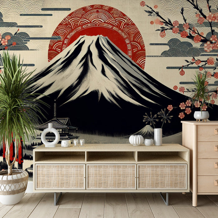 Japanese Mural Wallpaper | Mount Fuji and Japanese Temple in Red and Black Tones