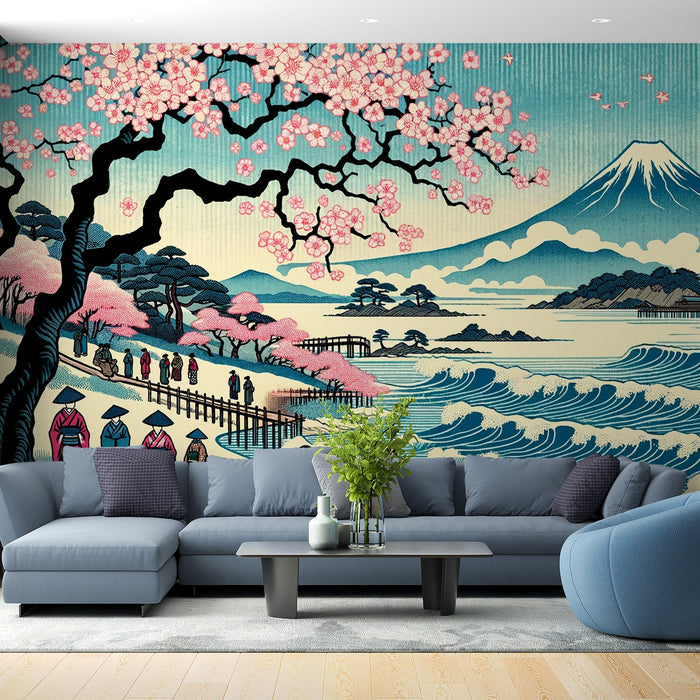 Papel pintado japonés | Ola colorida y Monte Fuji