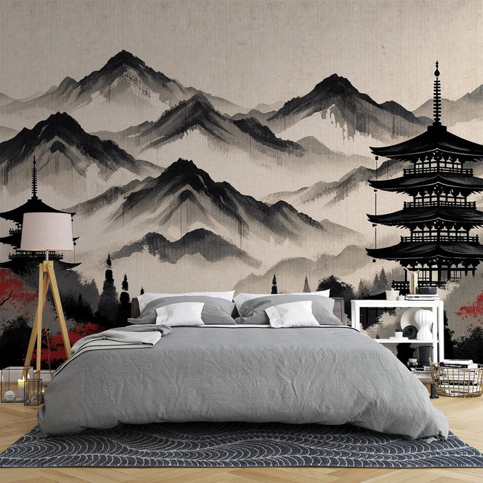 Japanese Mural Wallpaper | Black and Red Painting of a Temple Lost in the Mountains