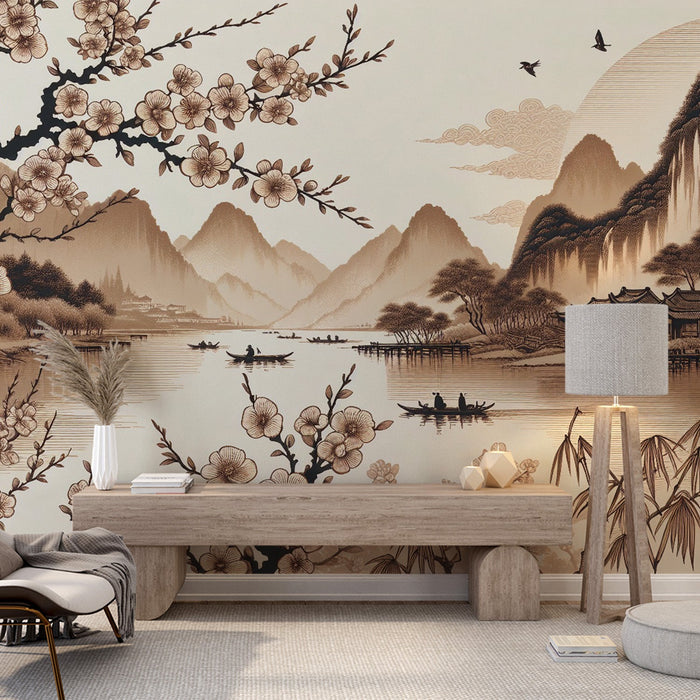 Japanese Mural Wallpaper | Sakura and Tranquil Lake in Beige Tones