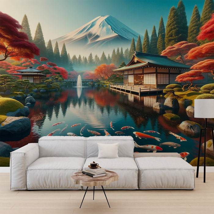 Japanese Mural Wallpaper | Tranquil Temple and Koi Carp at the Foot of Mount Fuji