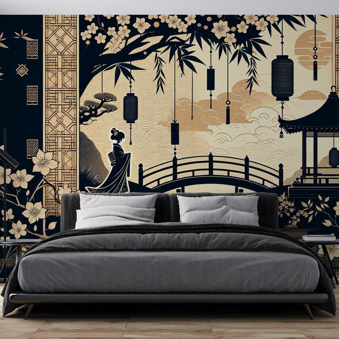 Japanese Mural Wallpaper | Black and Beige Zen Temple and Lake