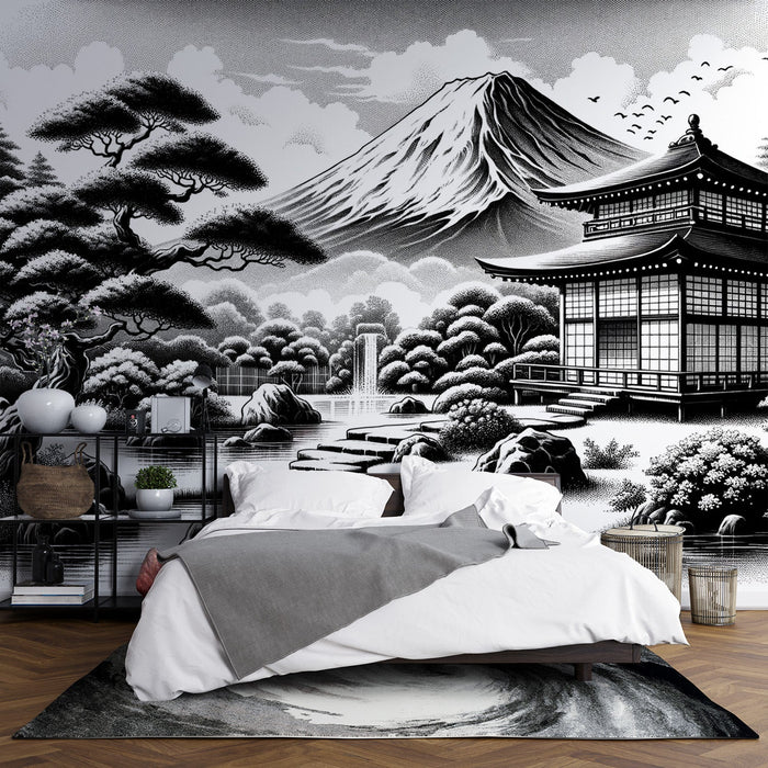 Black and White Japanese Mural Wallpaper | Drawing of a Temple at the Foot of Mount Fuji