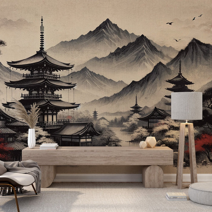 Japanese Zen Mural Wallpaper | Black and Red Ambiance with Lake and Temple
