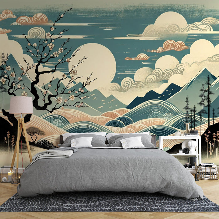 Papel de parede Mural Zen Japonês | Design envelhecido com montanha e Sakura