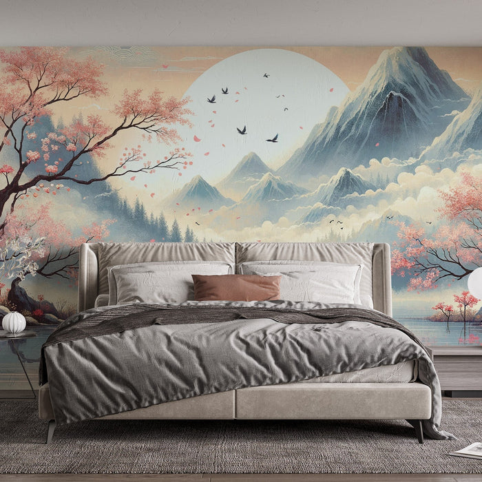 Papel de parede Mural Zen Japonês | Lago Tranquilo e Montanhas na Paisagem