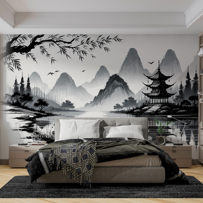 Japanese Zen Mural Wallpaper | Black and White Painting of a Mountain Temple