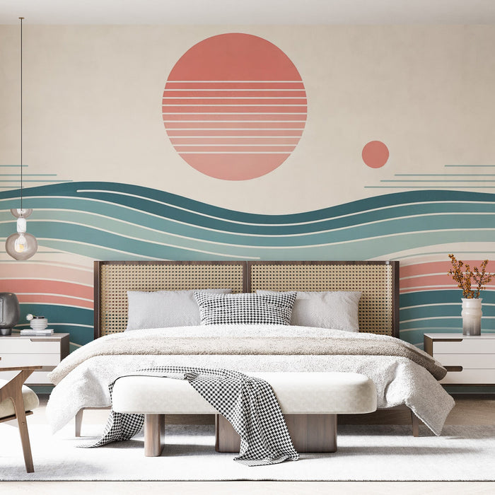 Papel pintado Zen japonés | Sol rojo y olas en tonos azules