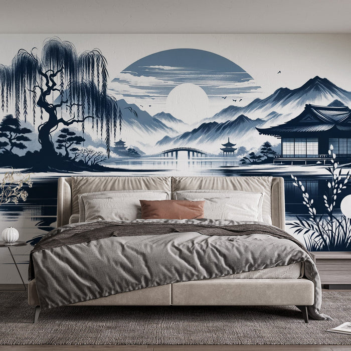 Japanese Zen Mural Wallpaper | Weeping Willow and Temple in the Mountains