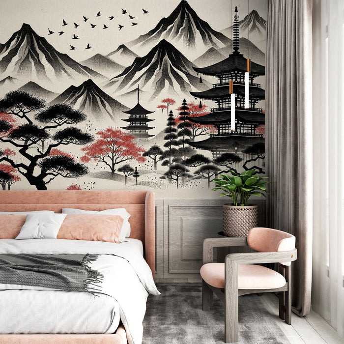 Papel pintado Zen japonés | Templo, pájaros y montañas en tonos negros y rojos