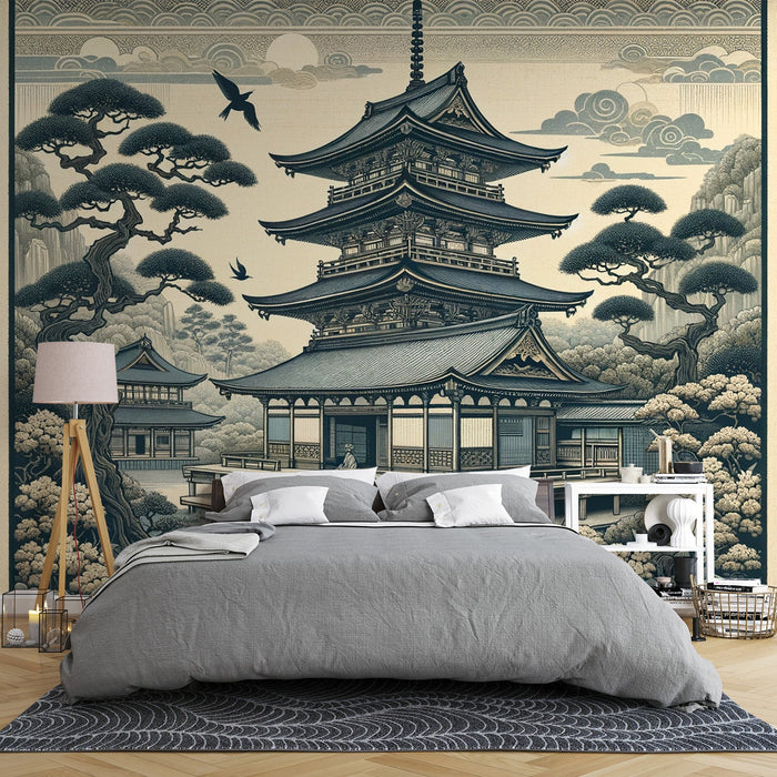 Japansk Zen Tapetmålning | Tempel i Neutrala och Mjuka Färger