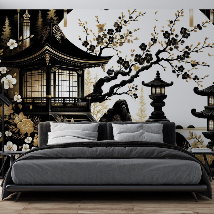 Japanese Zen Mural Wallpaper | Temple with Full Moon Background