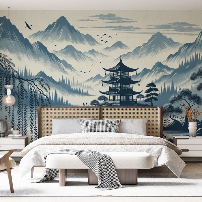 Papel de parede Mural Zen Japonês | Templo nas Montanhas em Tons de Azul