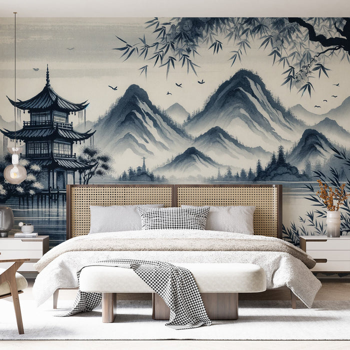 Japanischer Zen-Mural-Wallpaper | Japanischer Tempel im Aquarellstil Design