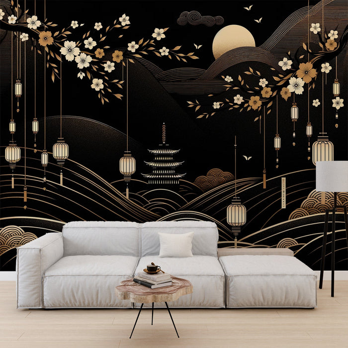 Japanese Zen Mural Wallpaper | Japanese Wave and Black and Gold Temple