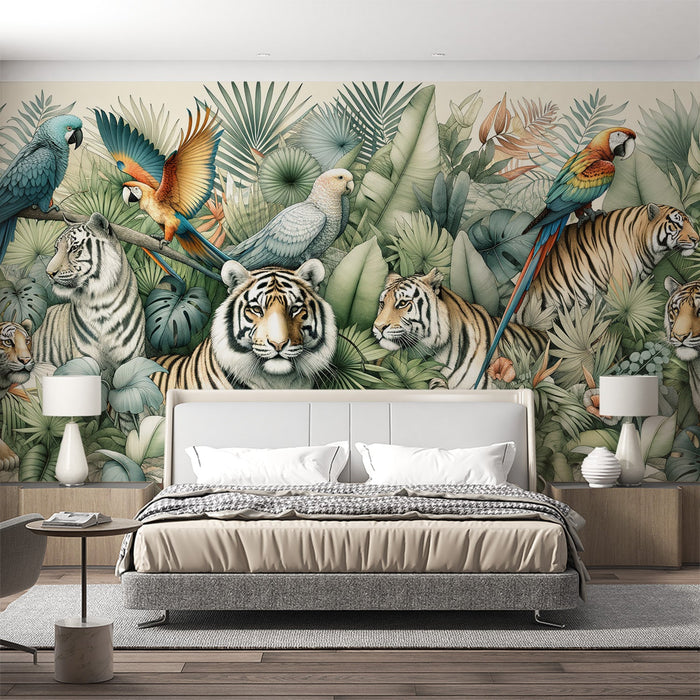 Jungle Mural Wallpaper | Tigers and Parrots Among Tropical Vegetation