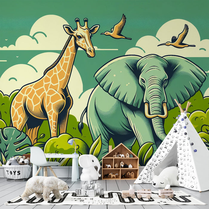 Jungle Mural Wallpaper | Giraffe, Elephant, Clouds, and Birds