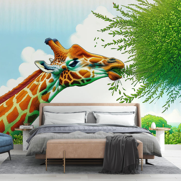 Jungle Mural Wallpaper | Giraffe, Cloud, and Greenery