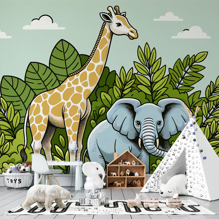 Baby Jungle Mural Wallpaper | Elephant and Giraffe in the Foliage