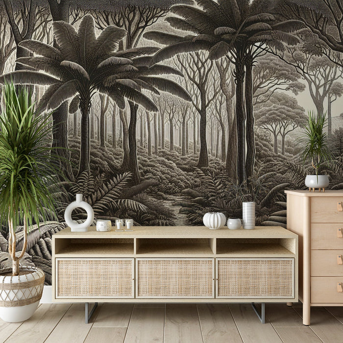 Beige Jungle Mural Wallpaper | Massive Leaves and Tall Trees