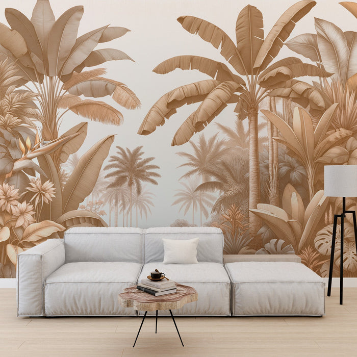Beige Jungle Mural Wallpaper | White Background Palm Trees and Banana Trees