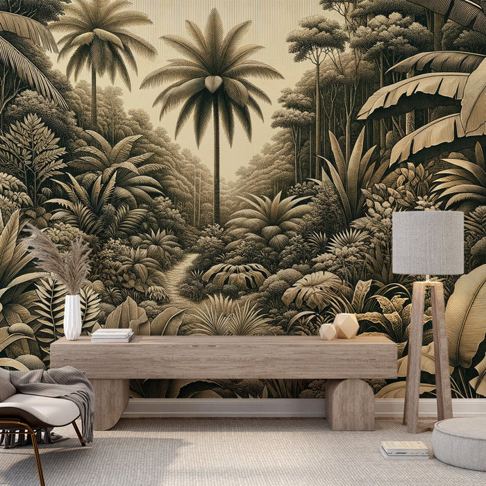 Beige Jungle Mural Wallpaper | Palm Trees and Lush Foliage