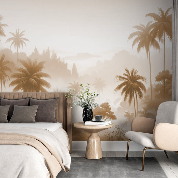 Beige Jungle Mural Wallpaper | Beige Palm Valley and Mist