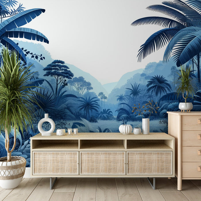 Blue Jungle Mural Wallpaper | Palm Trees, Foliage, and Mountains