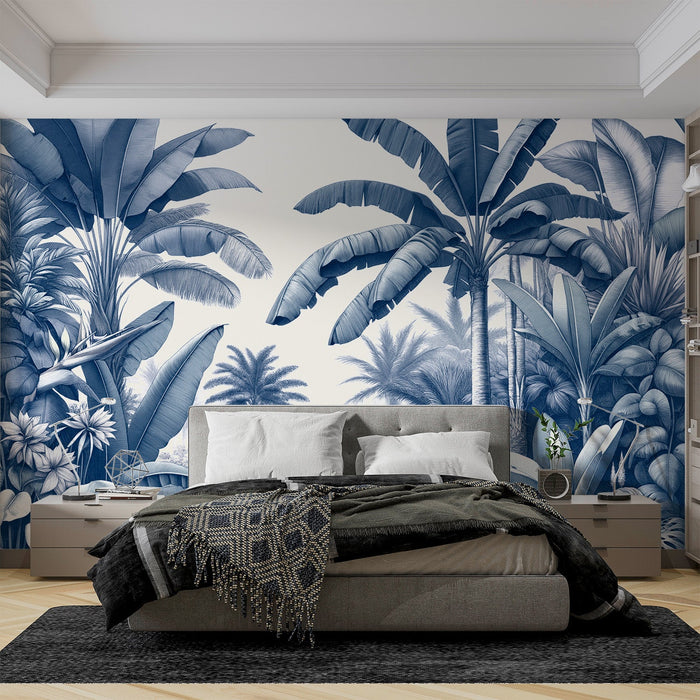 Blue duck jungle Mural Wallpaper | White background with palm trees and banana trees