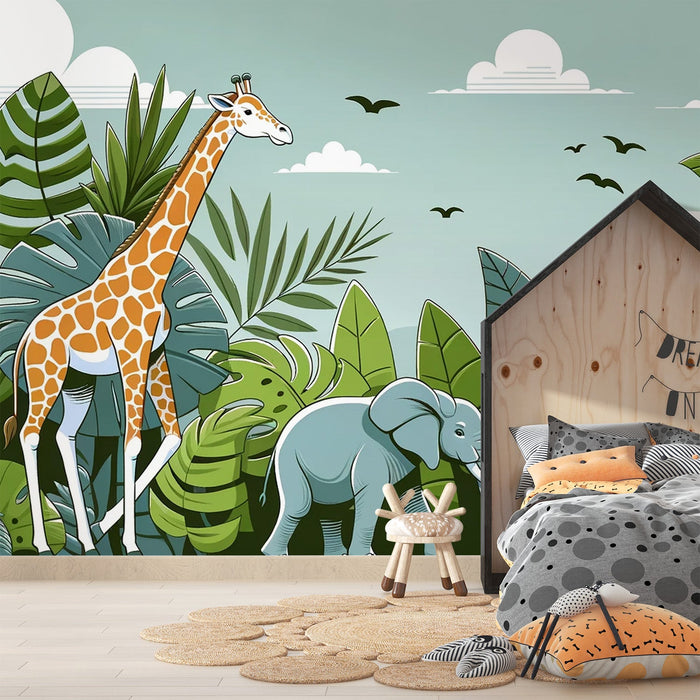 Children's Jungle Mural Wallpaper | Foliage, Giraffe, and Elephant