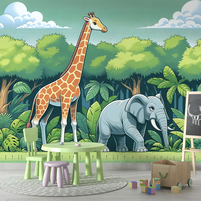 Children's Jungle Mural Wallpaper | Cartoon Giraffe and Elephant