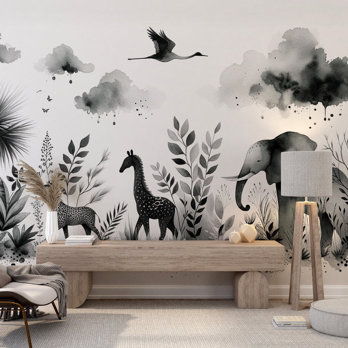 Black and White Jungle Mural Wallpaper | Watercolor Jungle Animals