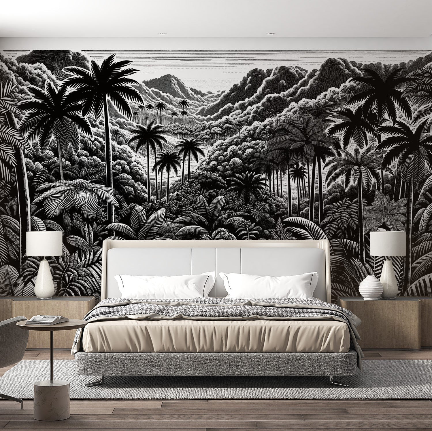 Black and White Jungle Mural Wallpaper | Palm Trees and Foliage Drawin ...