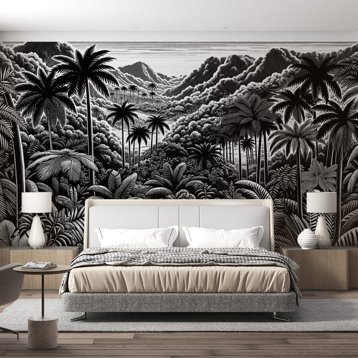 Black and White Jungle Mural Wallpaper | Palm Trees and Foliage Drawing