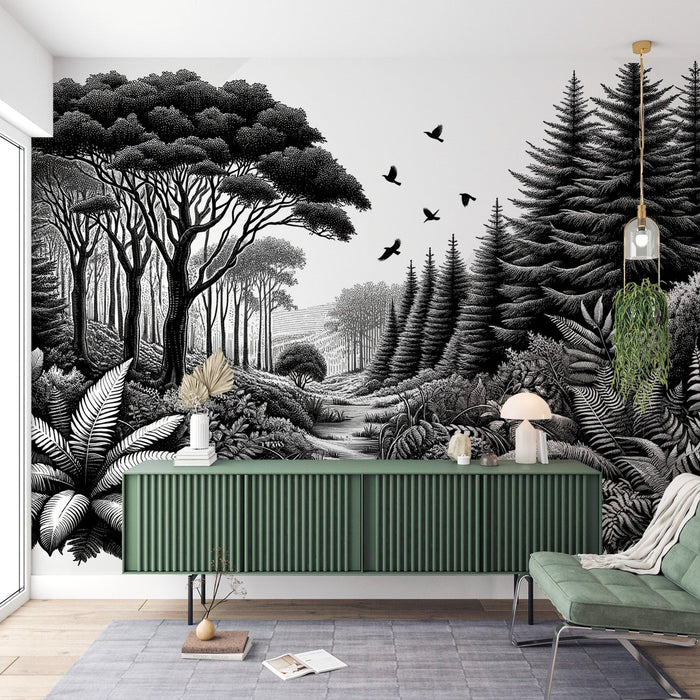 Black and White Jungle Mural Wallpaper | Between Jungle and Pine Forest