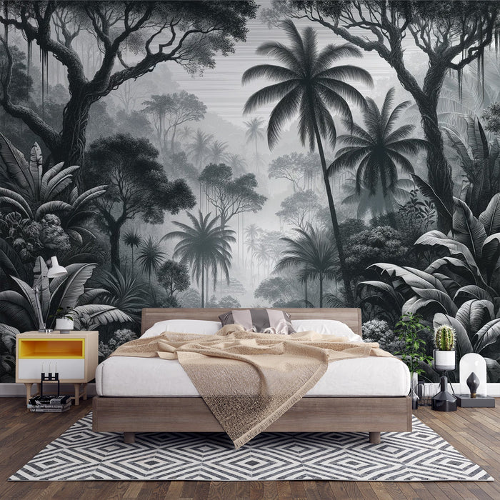 Black and White Jungle Mural Wallpaper | Banana Leaves and Palm Trees