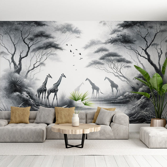 Black and White Jungle Mural Wallpaper | Giraffes and River