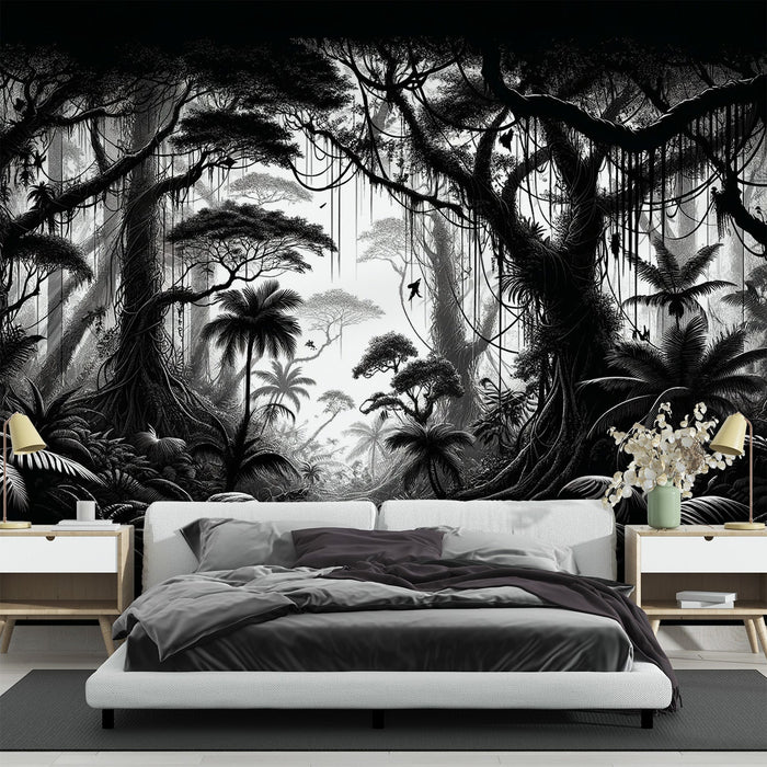 Black and White Jungle Mural Wallpaper | Vines and Palm Trees