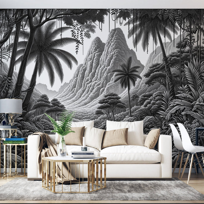 Black and White Jungle Mural Wallpaper | Serene Mountain and River