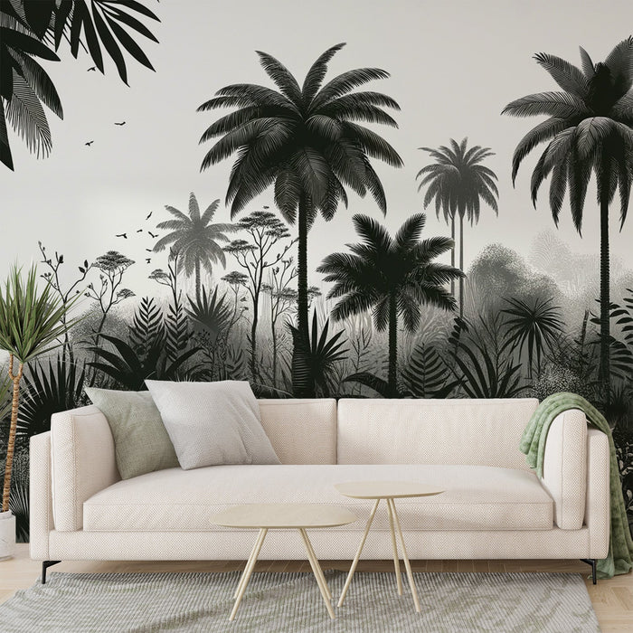 Black and White Jungle Mural Wallpaper | Palm Trees, Foliage, and Birds