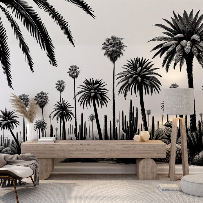 Black and White Jungle Mural Wallpaper | Palm Trees and Cacti