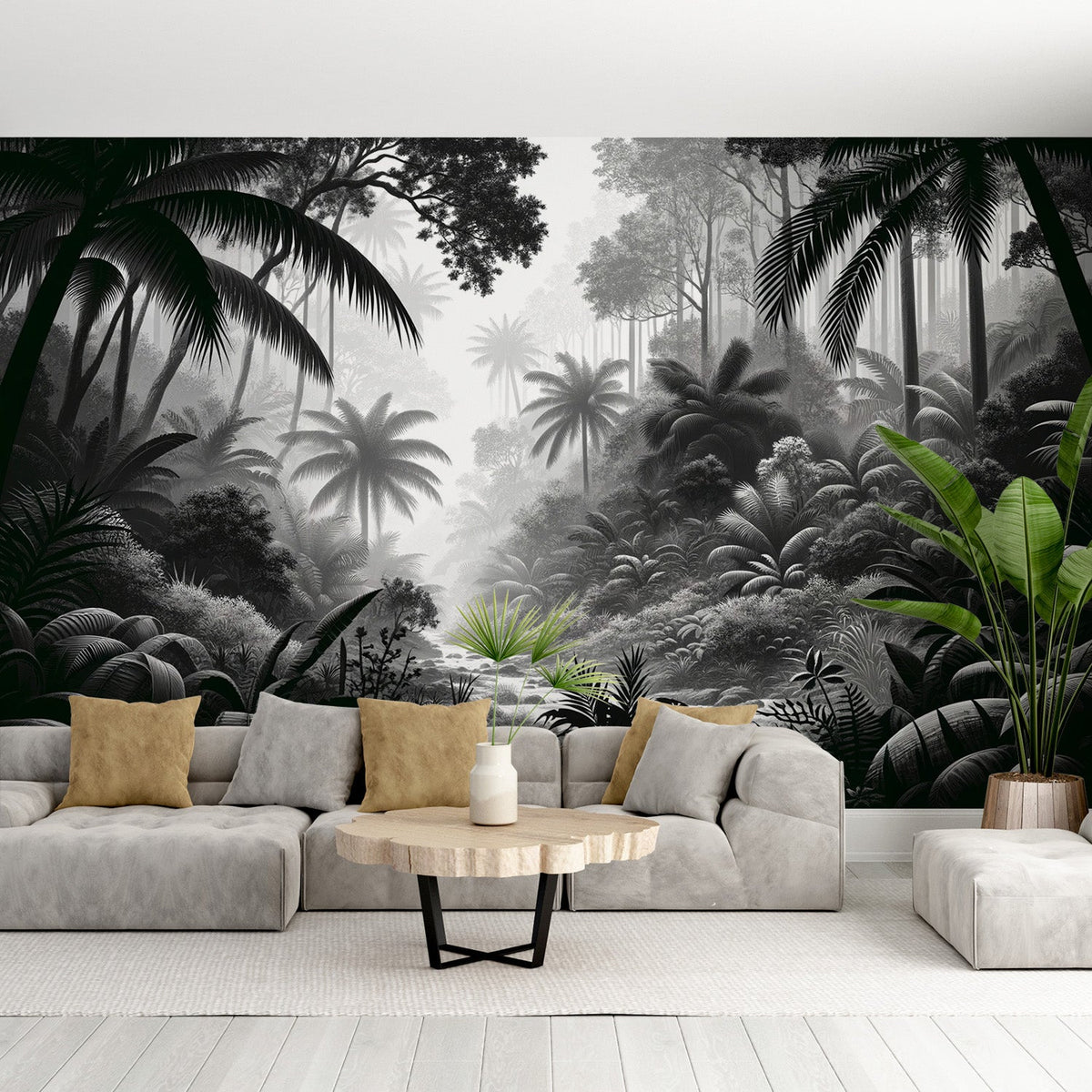 Black and White Jungle Mural Wallpaper | Palm Trees and River — WonderMural