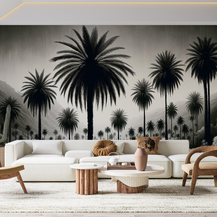 Black and White Jungle Mural Wallpaper | Vintage and Dark Palm Trees