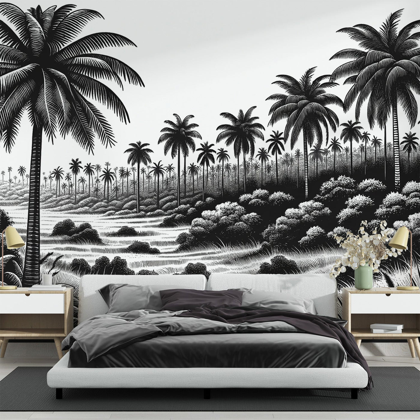 Black and White Jungle Mural Wallpaper | Palm Tree Plain — WonderMural
