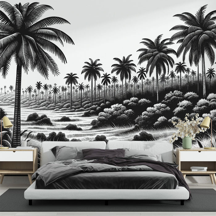Black and White Jungle Mural Wallpaper | Palm Tree Plain