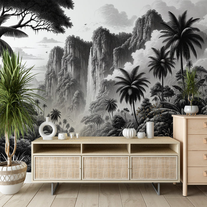 Black and White Jungle Mural Wallpaper | Mountainous Relief and River