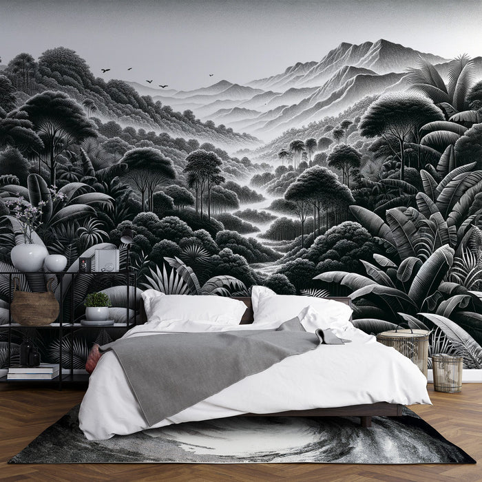 Black and White Jungle Mural Wallpaper | Mountainous and Vegetal Relief