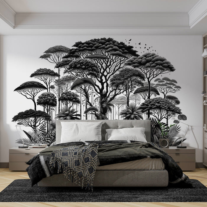Black and White Jungle Mural Wallpaper | Vegetation Relief